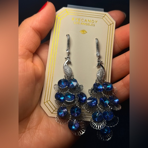 Elegant Silver and Blue Peacock Earrings - Picture 3 of 6